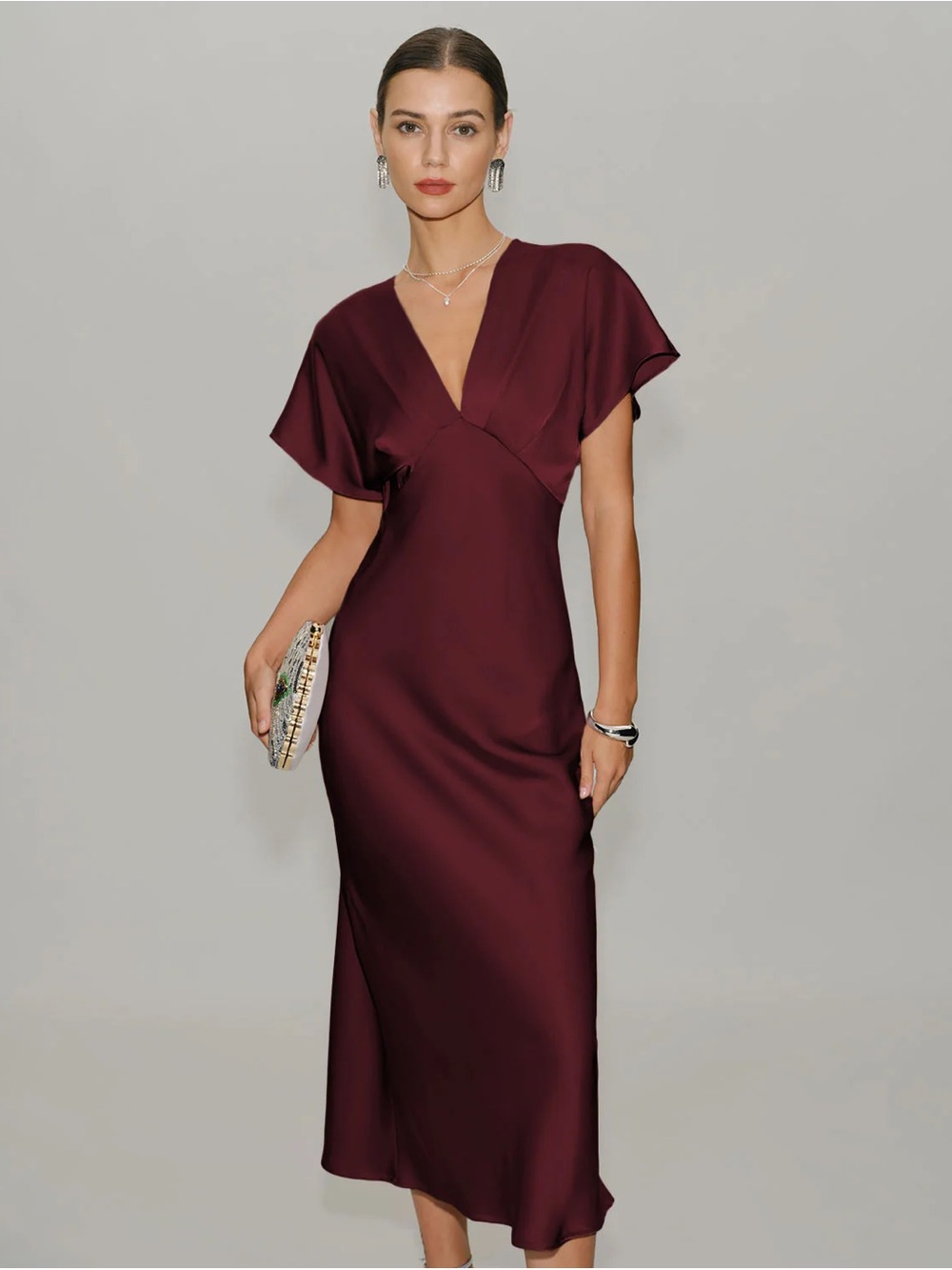 Wine Red Satin Cowl Sleeve Midi Dress - Picture 5 of 5